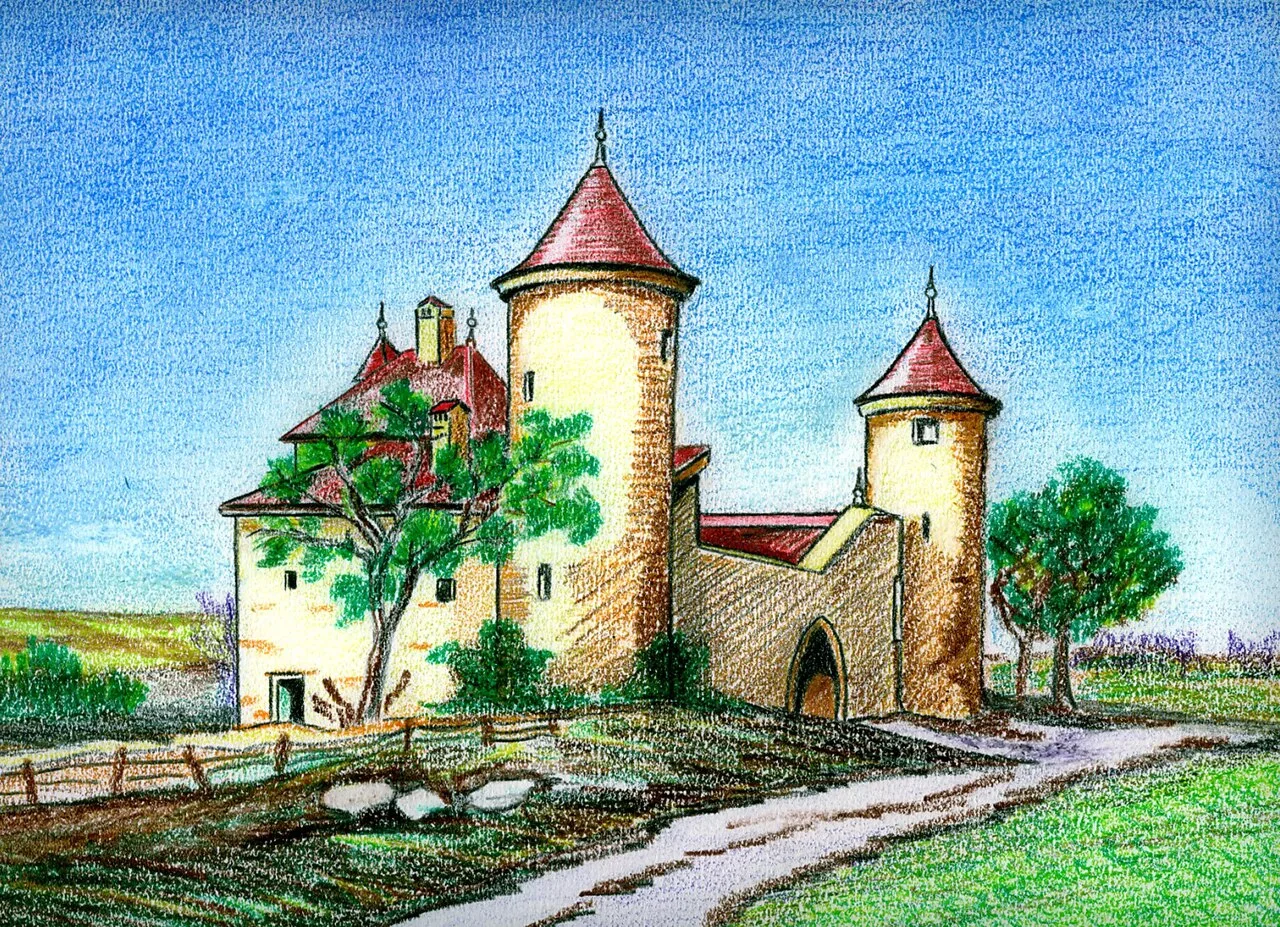Château d'Etrembières, dessin au crayon gras